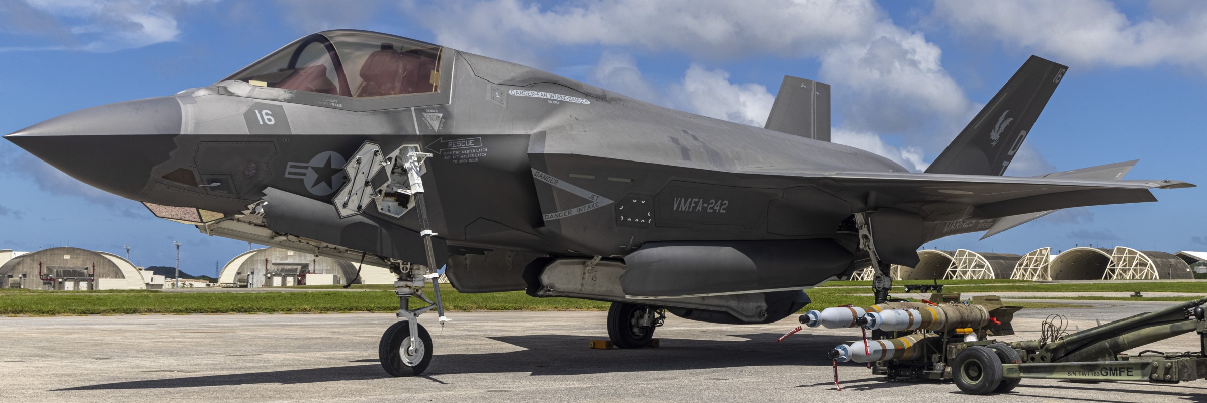 vmfa-242 bats marine fighter attack squadron f-35b lightning ii lase guided bomb load kadena 97