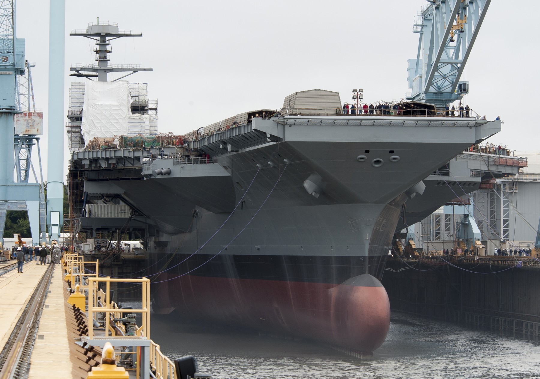 cvn-78 uss gerald r. ford aircraft carrier us navy flooding drydock newport news shipbuilding 2013 13