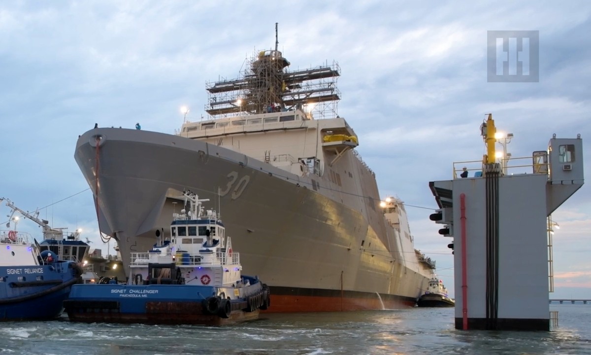 lpd-30 uss harrisburg san antonio class amphibious transport dock launching hii pascagoula 2024 05